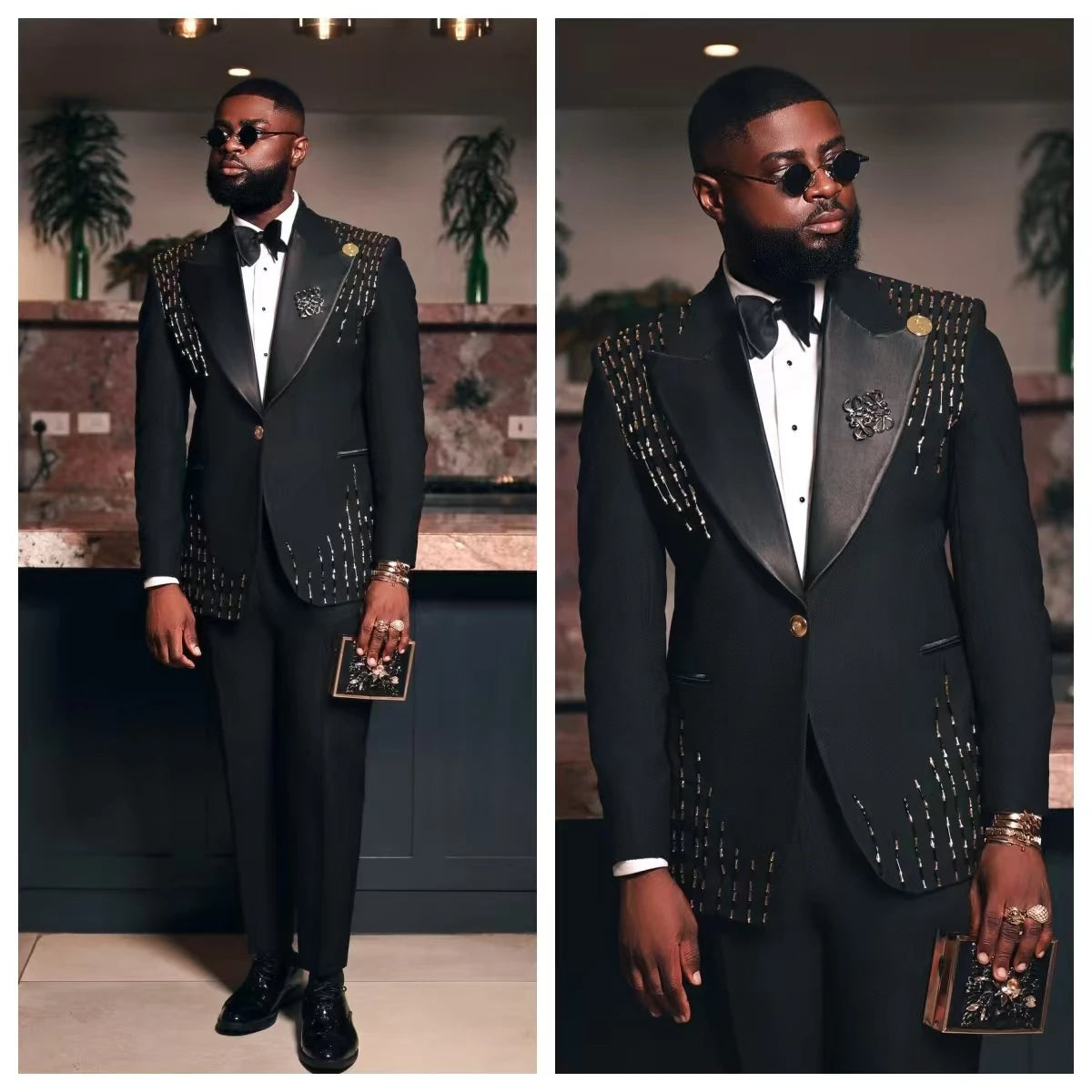 Crystals Black Men Suit Set 2 Pcs Blazer+Pants Trousers Luxury Groom Wedding Tuxedo Formal Office Jacket Cotton Coat Customized