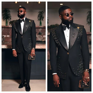 Crystals Black Men Suit Set 2 Pcs Blazer+Pants Trousers Luxury Groom Wedding Tuxedo Formal Office Jacket Cotton Coat Customized