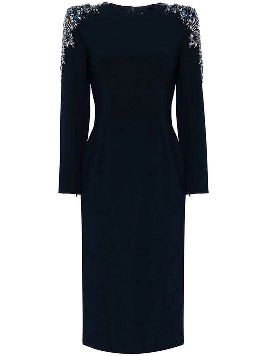 Designer Fashion Women's Long Sleeve Rhinestone Diamonds Beaded Midi Dress