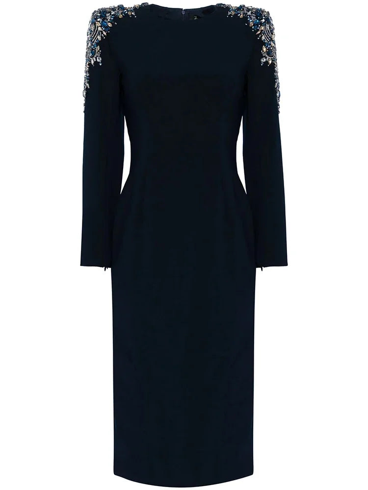 Designer Fashion Women's Long Sleeve Rhinestone Diamonds Beaded Midi Dress