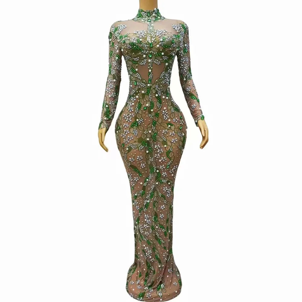 Birthday Celebrate Sexy Transparent Green Rhinestones Pearls Dress Stretch Outfit Prom Party Photo Shoot Collections