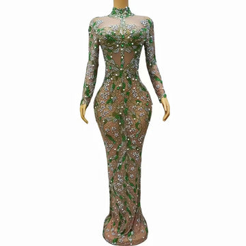 Birthday Celebrate Sexy Transparent Green Rhinestones Pearls Dress Stretch Outfit Prom Party Photo Shoot Collections
