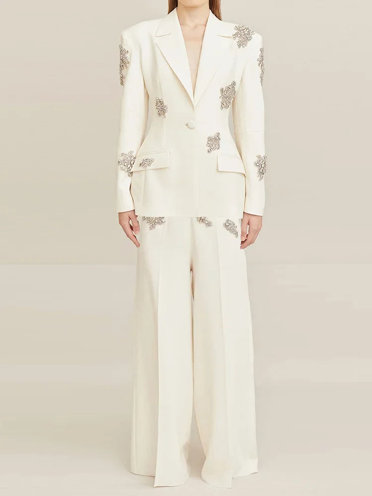 Designer Suit Women  Beaded Diamonds Single Button Suit Blazer Wide-leg Pants Set 2PCS