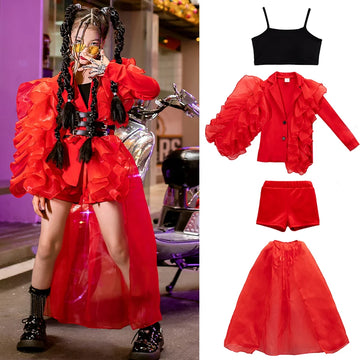 Children'S Street Dancewear Kids Hip Hop Clothing Red Coat Yarn Skirt for Girls Jazz Dance Costume Stage Catwalk Outfit