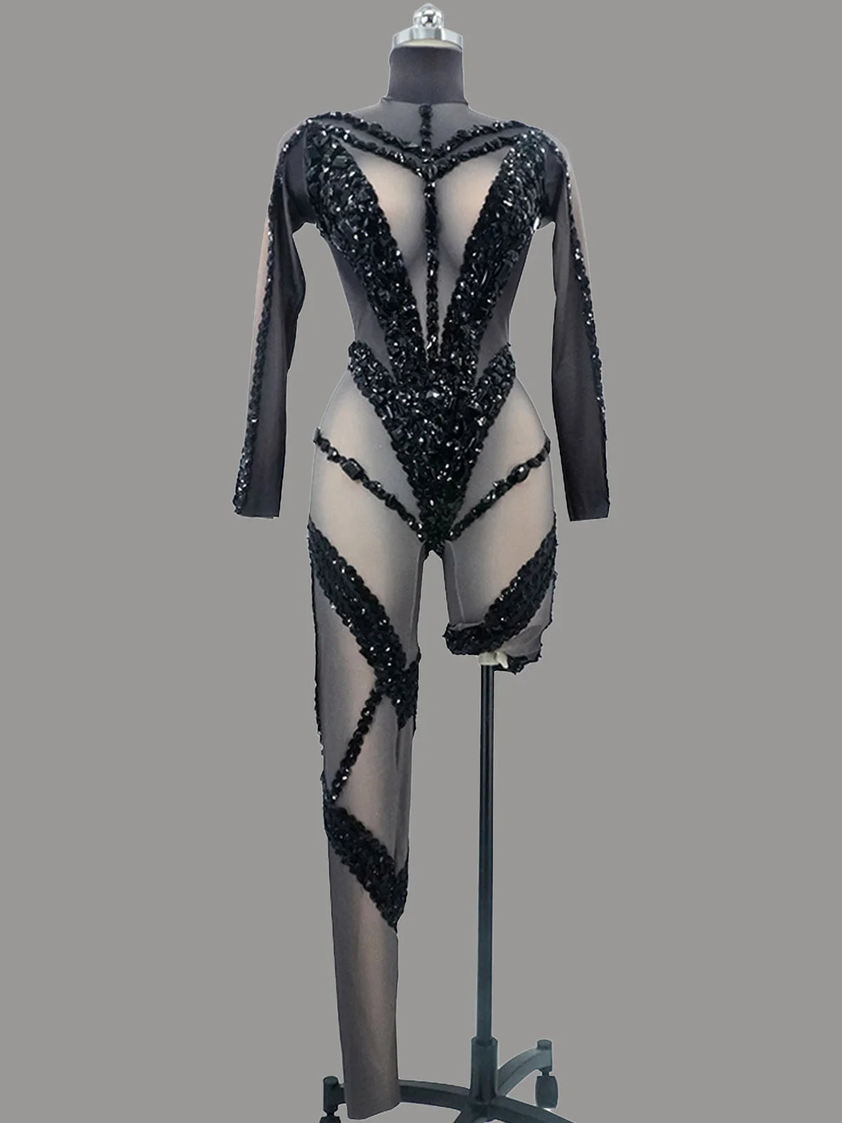 Sexy Black Mesh Jumpsuit Glitter Rhinestone Women Pole Dance Costume Nightclub Singer Stage Drag Queen Party Outfit