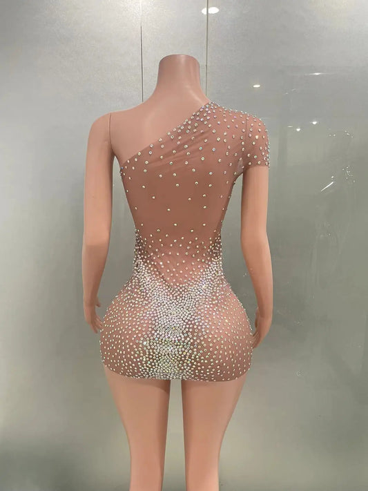 Women Birthday Celebrate Party Sexy Mini Silver Dress Dance Crystals Rhinestones Outfit Singer Performance Mesh  Costume