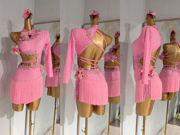 Latin Dance Competition Women's High-end Custom Pink Slim Fit Hollow Tassel Skirt Samba Performance Rhinestone Dress