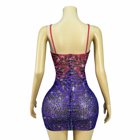 Sexy Blingbling Butterfly Parttern Rhinestones Suspenders Mesh Dress Women Holiday Birthday Party Celebrate Show Stage Outfit