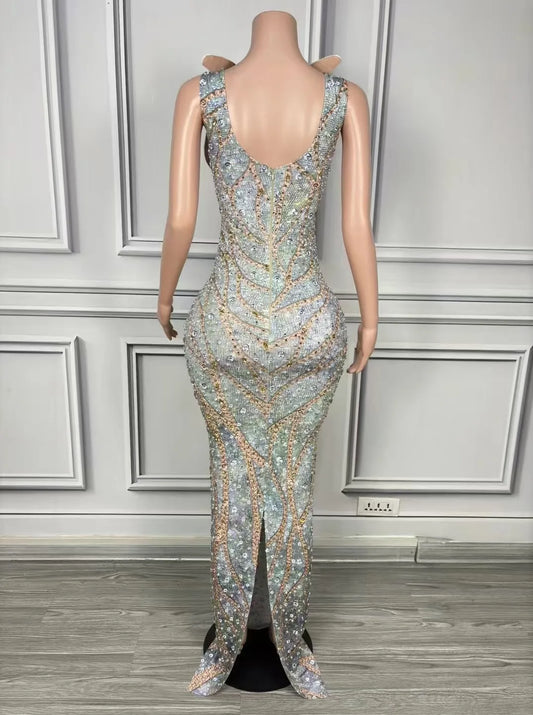 Women Luxury Crystals Sexy Stage Diamonds Slit Elegant Sheath Dress Evening Party Performance Photoshoot Singer Host Dress