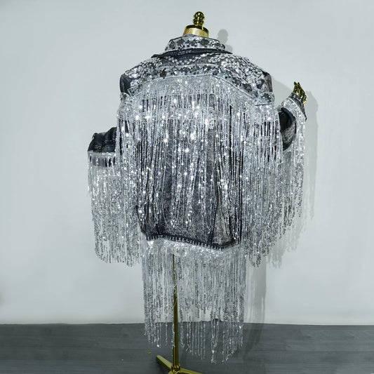 Sparkly Sequin Tassels Jacket Long Sleeve Silver Extra Large Coat Men Singer Show Costume Evening Dance Stage Celebrate Outfit