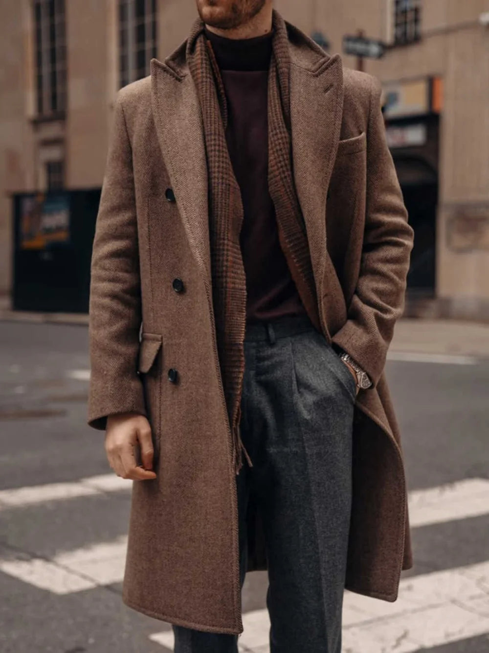 Casual Men Long Coat Double Breasted Wool Blends Business Formal Overcoat Peaked Lapel  Winter Warm Jacket Customized
