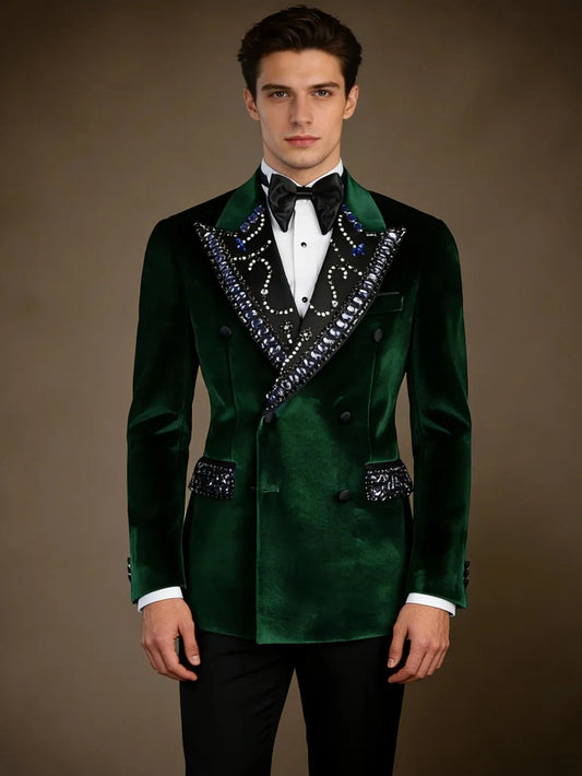 Noble Wedding Tuxedos Velvet 2 Pcs Jacket Pants Groom Suit Royal Crystal Beaded Peaked Lapel Evening  Party Outfits Customized
