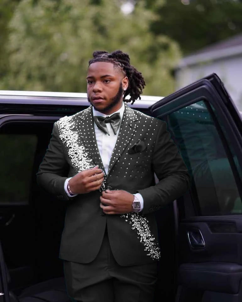 Luxury Men's Suits Crystals 2-Piece Single Breasted Blazer Peaked Lapel Formal Occasions Party Prom Customized Plus Size Tuxedo