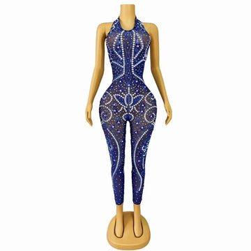 Shining Mesh Transparent Rhinestone Jumpsuit Women Sexy Backless Nightclub Party Stage Outfit Singer Dancer Performance Costume