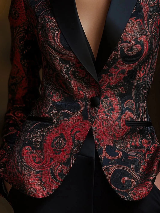 Elegant Chic Jacket Women Vintage Floral Print Turndown Collar Slim Waist Pocket Decor Long Sleeves Tops Blazers Coats