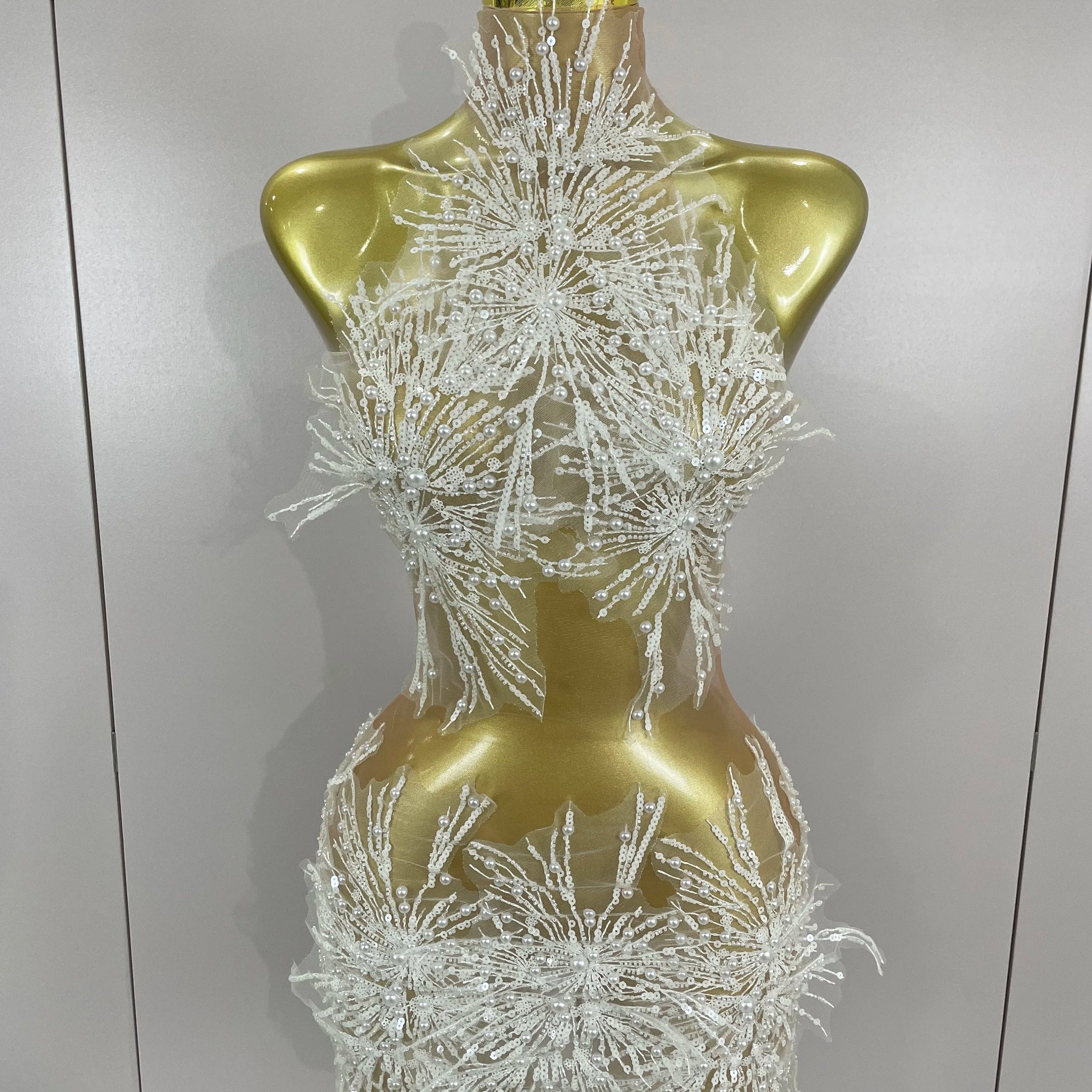 Women Sexy Mesh See Through Pearl Lace Party Mini Dress Celebrate Birthday Photo Shoot Wear Performance Stage Costume