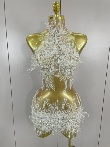 Women Sexy Mesh See Through Pearl Lace Party Mini Dress Celebrate Birthday Photo Shoot Wear Performance Stage Costume