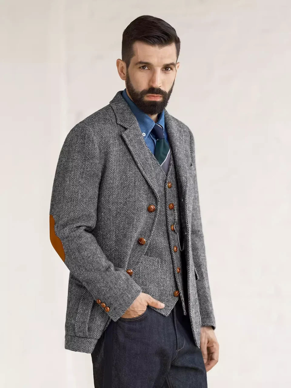 Casual Men Coat Herringbone 2 Piece Set Jacket Vest Trench Coats Classic Fit Single Breasted Business Blazers Customized
