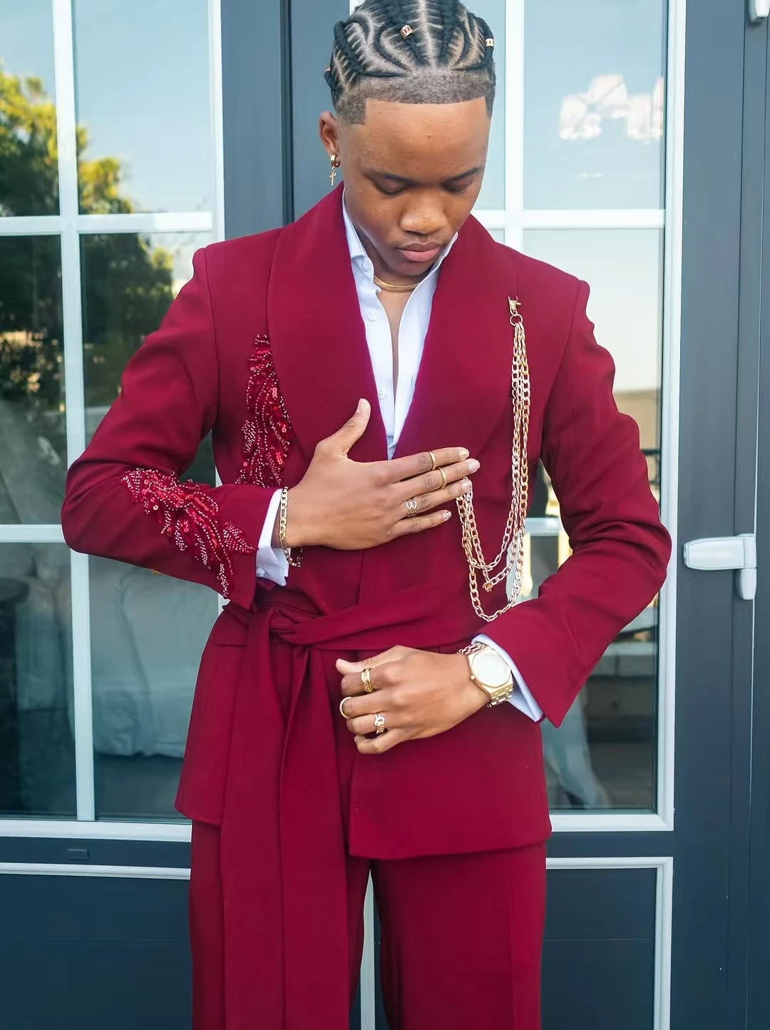 Red Men Suit Set 2 Piece Blazer+Pants Trousers Luxury Stone Crystal Customized Formal Office Jacket Groom Wedding Prom Coat Belt