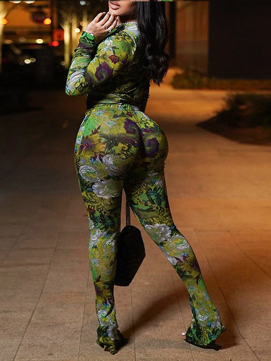 Women's Mesh Printed Round Neck Long Sleeved Tight Fitting Top, Mesh Printed Long Pants Casual Set