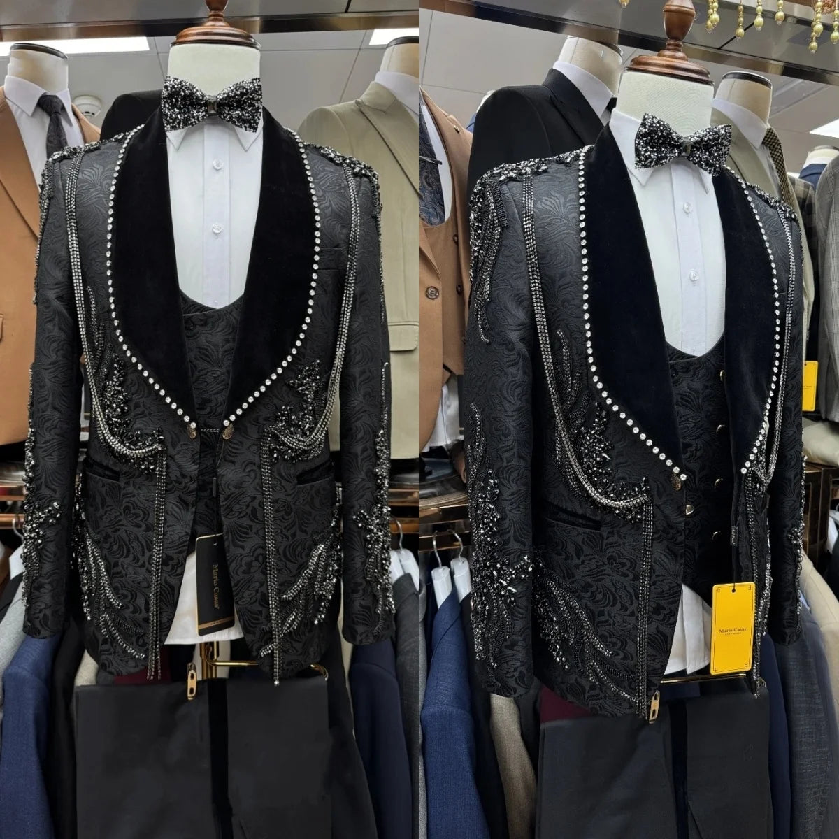 Luxury Men Suits Tailor-Made 3 Pieces Appliques Shawl Lapel Jacket Rhinestone Tassel Jacquard Groom Customized Coat Vest Pants