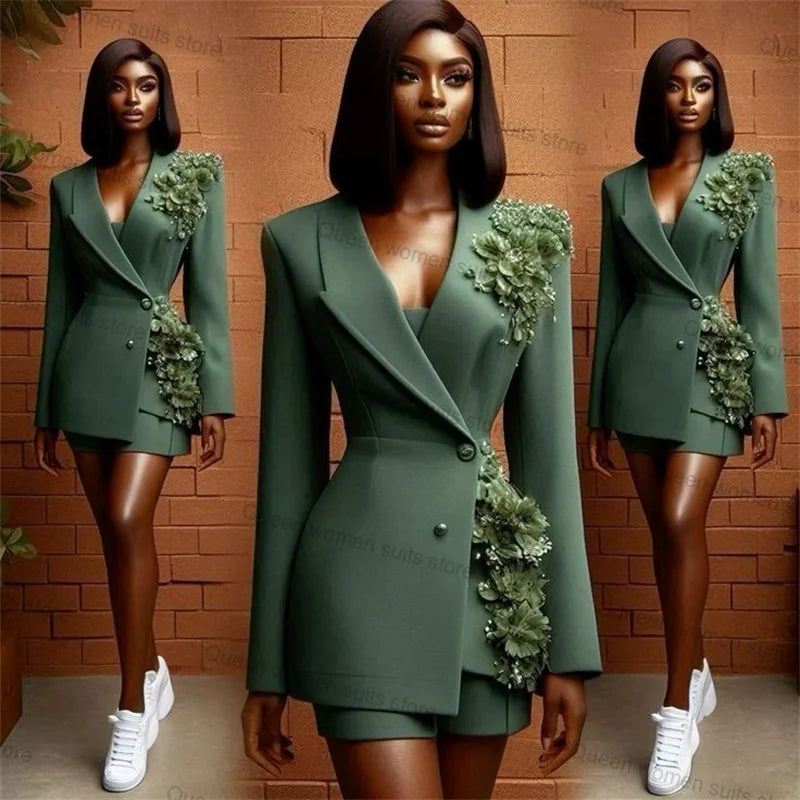 Conjunto de traje formal verde para mujer, 2 piezas, blazer y pantalón corto, estampado de flores 3D, chaqueta de algodón para oficina, traje de fiesta personalizado. 