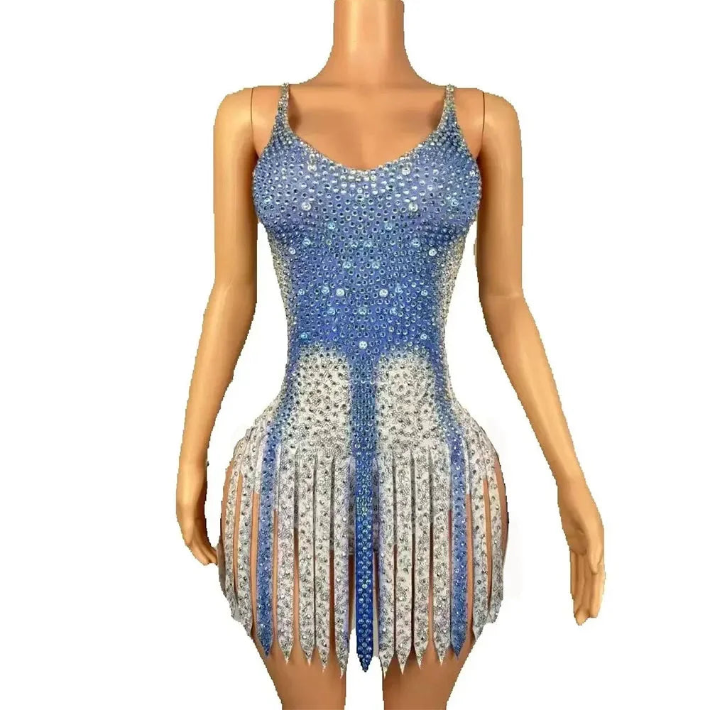 Blue Diamond Rhinestones Bodysuit Women Nightclub Performance Dance Costume Singer Dancer Leotard Show Stage Wear