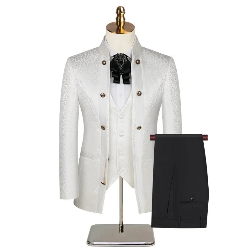 Double Breasted Floral Men Suits for Wedding 3 Pieces Stand Collar Groom Tuxedo Slim Fit Male Suit Jacket with Pants Vest