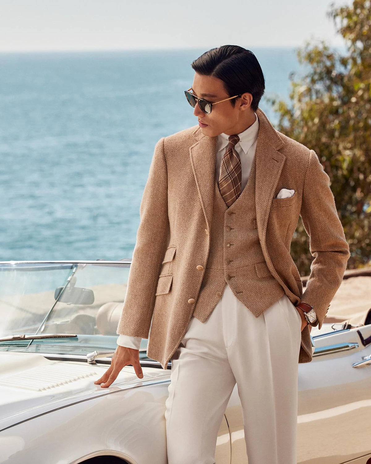 Brown Herringbone Three-Piece Men's Suit, Notched Lapel Jacket, Vest and Pants for Weddings, Custom Fit