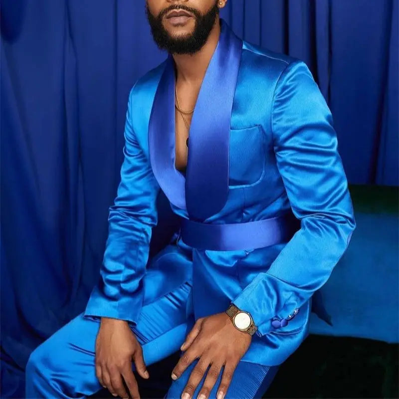 Italian Silver Men Suits Satin Slim Fit Royal Blue Shiny Groom Prom Wedding Tuxedo Tailored Blazer Set Costume Homme