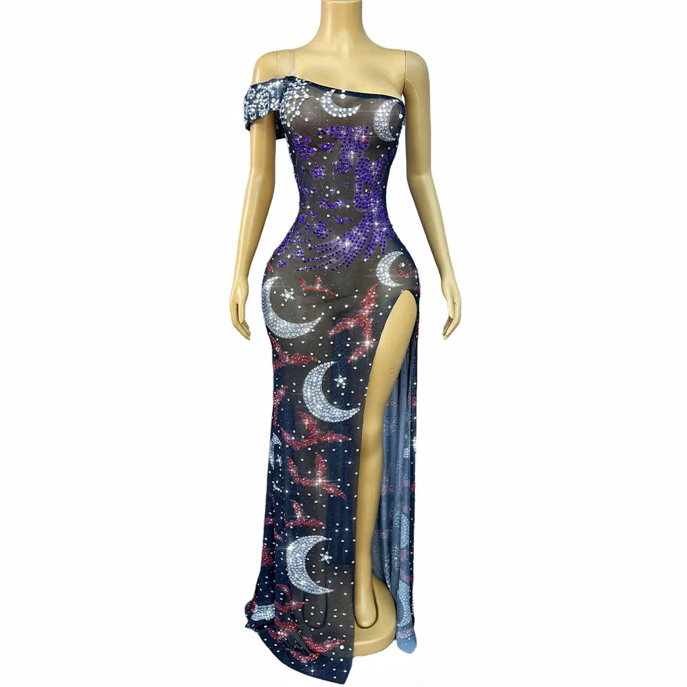 Luxurious Halloween Element Shining Rhinestones Off-the-shoulder High Split Dress Birthday Celebrate Show Gowns Stage Wear