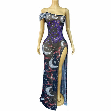 Luxurious Halloween Element Shining Rhinestones Off-the-shoulder High Split Dress Birthday Celebrate Show Gowns Stage Wear