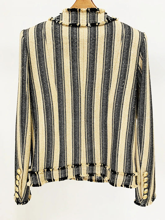 Newest Outerwear Women's Elegant Yellow Black Striped Tassel Fringed Tweed Jacket