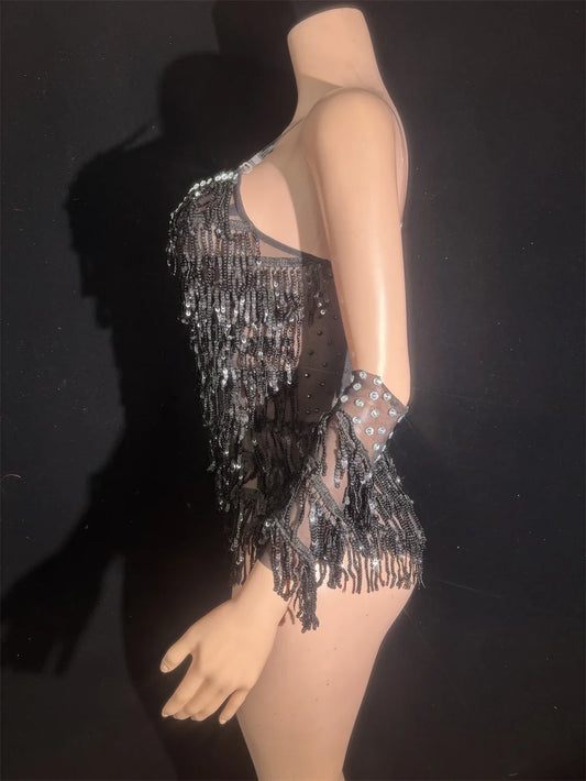 Women Sexy Mesh Black Skinny Bodysuit Transparent Tassel Rhinestones Sparkly Performance Dance Costume Nightclub Stage Wear