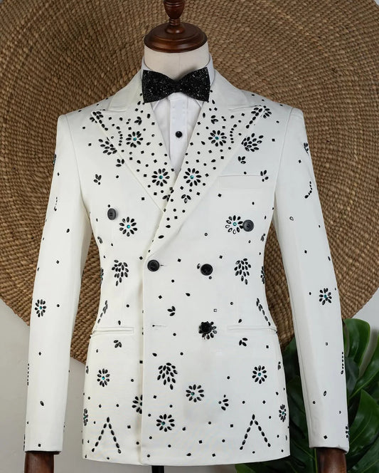 Luxury Men Suits 2 Pieces Set Tailor-Made Notched Lapel Jacket Rhinestone Blazer Double Breasted Groom Customized Coat Pants