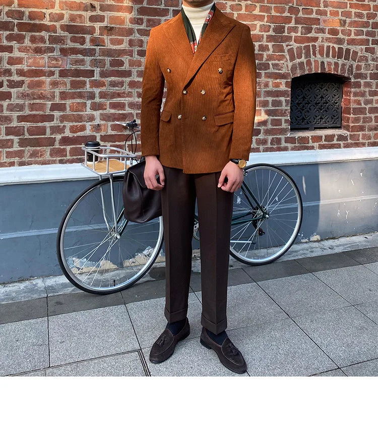 Blazer croisé élégant en velours côtelé bleu pour homme – Veste de costume slim de luxe pour mariages, dîners et événements spéciaux