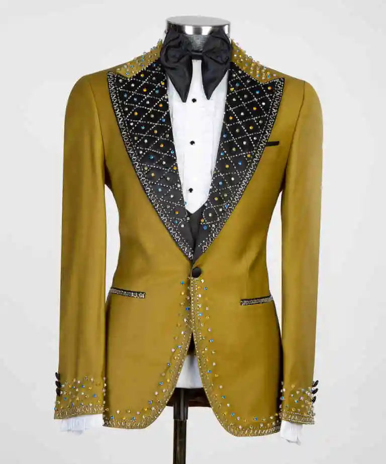 Bling Wedding Tuxedos Beading Beaded One Button Men Suit Peaked Lapel 2 Piece Set Jacket Pants Groom Blazers Customized
