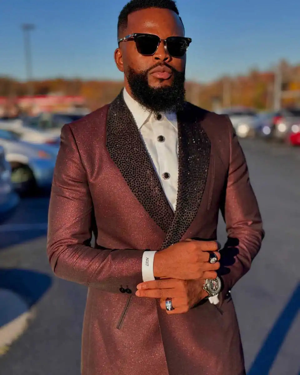 Unique Wedding Tuxedos Beaded Sequins Double Breasted Men Suits Shawl Lapel 2 Piece Set Jacket Pants Groom Blazers Customized