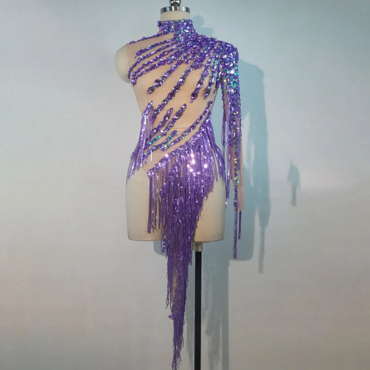 New Sparkly Tassels Dress for Women Sexy Mesh Perspective Party Club Dance Costume Singer Dancer Vestido Stage Show Girl Costume