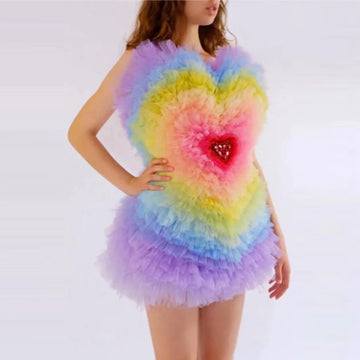 Rainbow Heart Dresses Women Tulle Off Shoulder Short Birthday Wear Colorful Puffy Dress for Photo Shoot Mini Layered Fashion