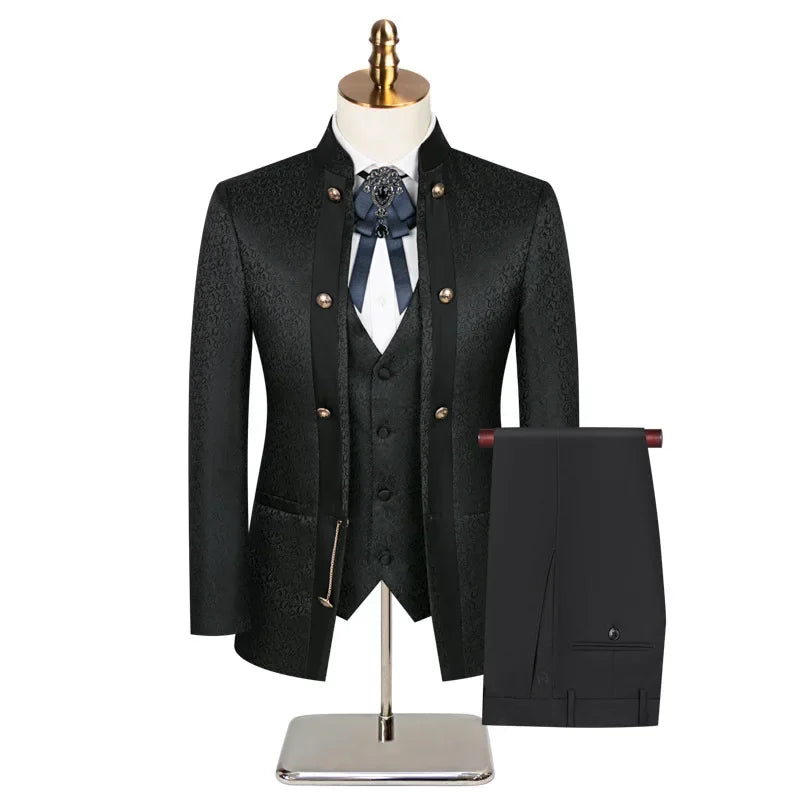Double Breasted Floral Men Suits for Wedding 3 Pieces Stand Collar Groom Tuxedo Slim Fit Male Suit Jacket with Pants Vest
