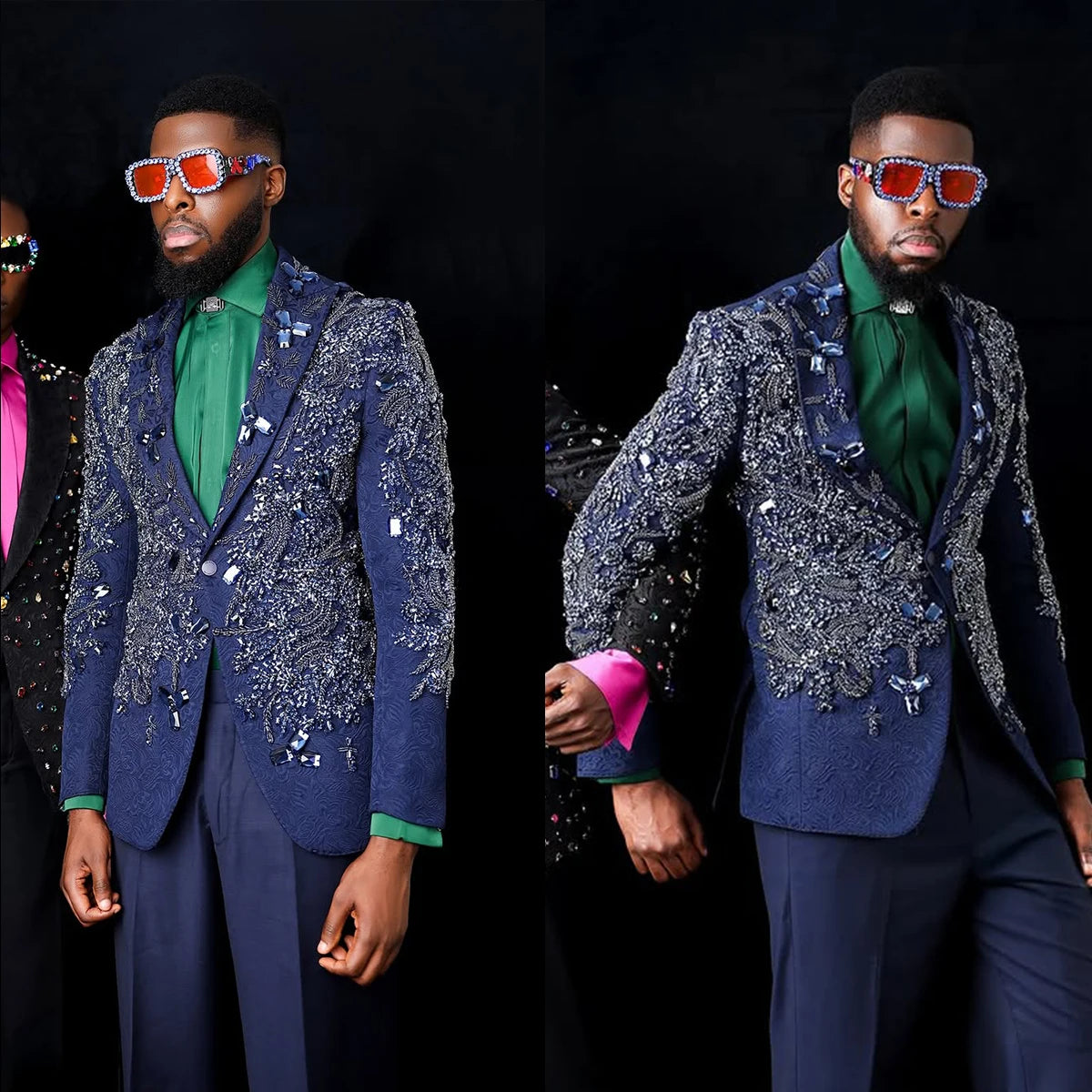 Men Suits Peaked Lapel Crystal Beaded Tailor-Made 2 Pieces Set Jacket Jacquard Appliques Blazer Groom Customized Coat Pants