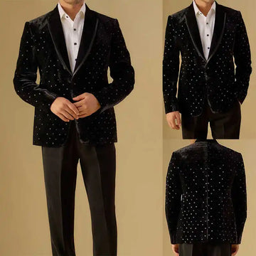 Luxury Men Suit 2-Piece Blazer Single Breasted Jacket Crystals Beaded Slim Fit Wedding Tuxedo Groom Prom Customized