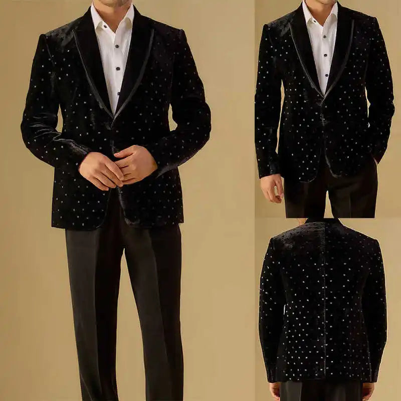 Luxury Men Suit 2-Piece Blazer Single Breasted Jacket Crystals Beaded Slim Fit Wedding Tuxedo Groom Prom Customized