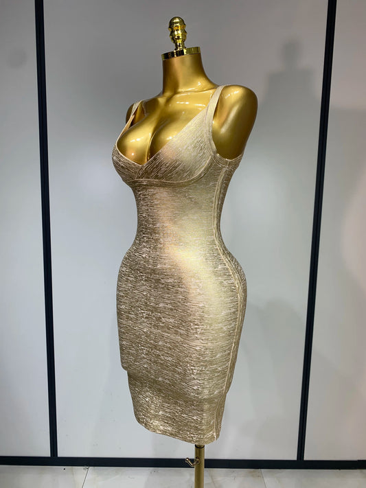 High Quality Celebrity Elegant Gold Bodycon Bandage Dress Women Sexy Nightclub Evening Party Luxury Birthday Dress Vestidos