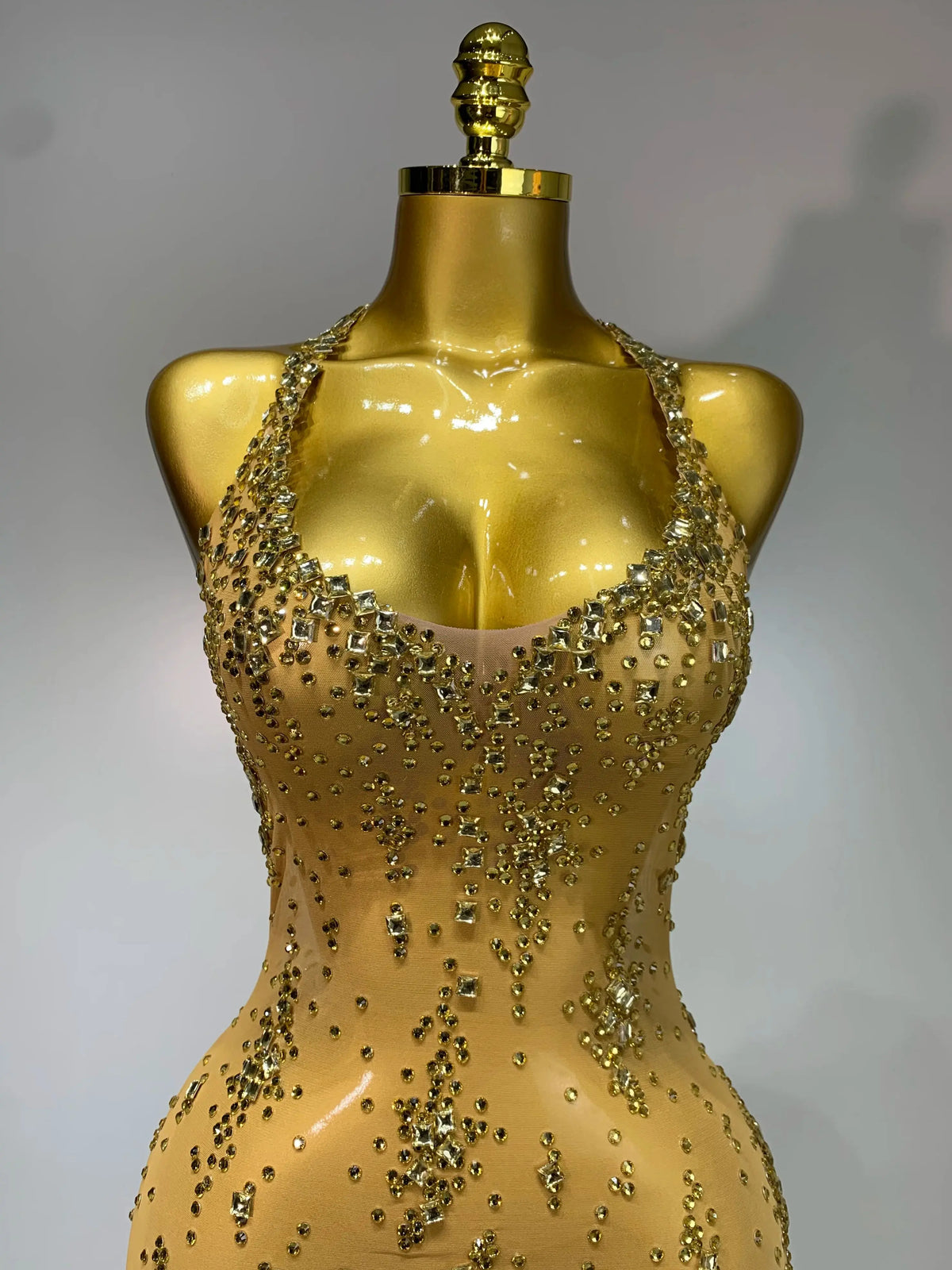 Sparkly Crystal Diamond Gold Sexy See-Through Sheath Dress Nightclub Performance Custom Stage Wear Birthday Evening Party Dress