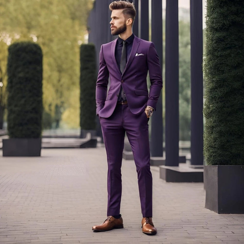 Traje morado de corte entallado para hombre, blazer a medida, solapa de pico, botonadura sencilla, ajustado, conjunto de 2 piezas de chaqueta y pantalón de alta calidad.