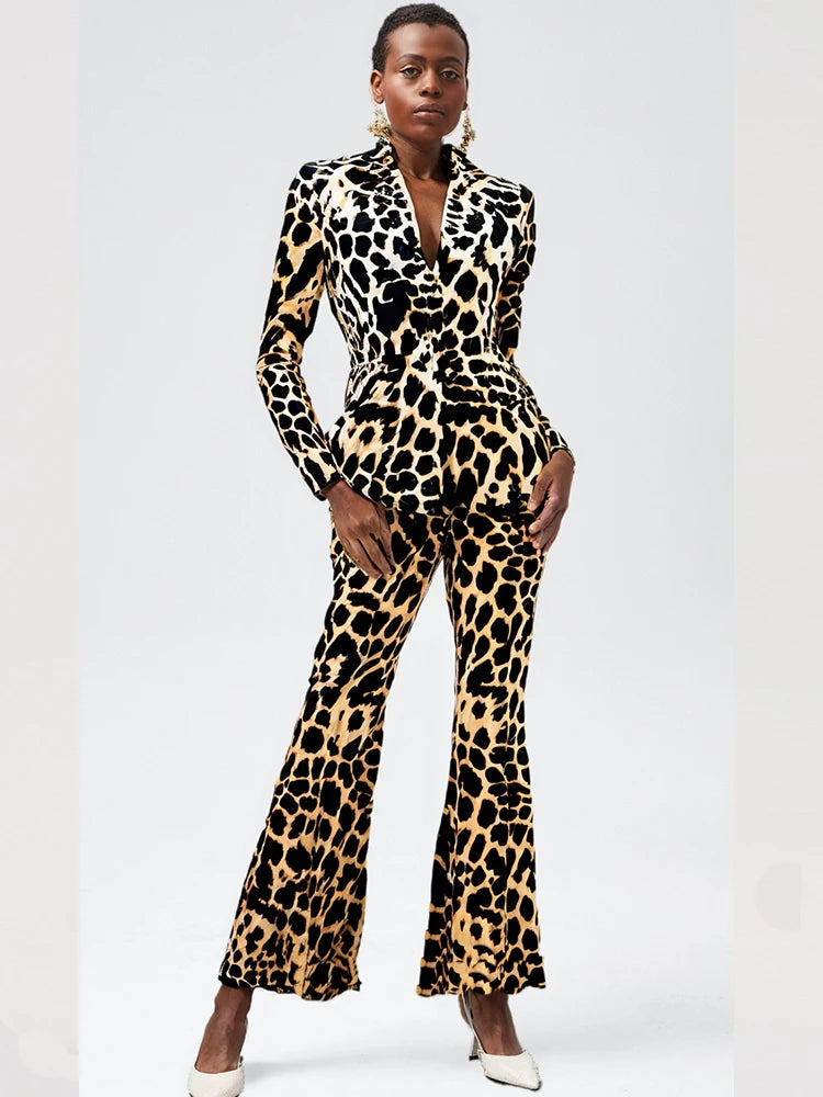 Velvet Pant Suits for Women New Red Blue Leopard Print Flare Pants + Jacket 2pcs Suit Two Piece Set Festival Outfit Women