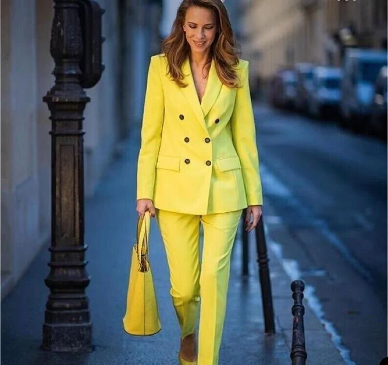 Costume blazer croisé jaune pour femme, coupe slim, tenue de soirée, de mariage, 2 pièces 