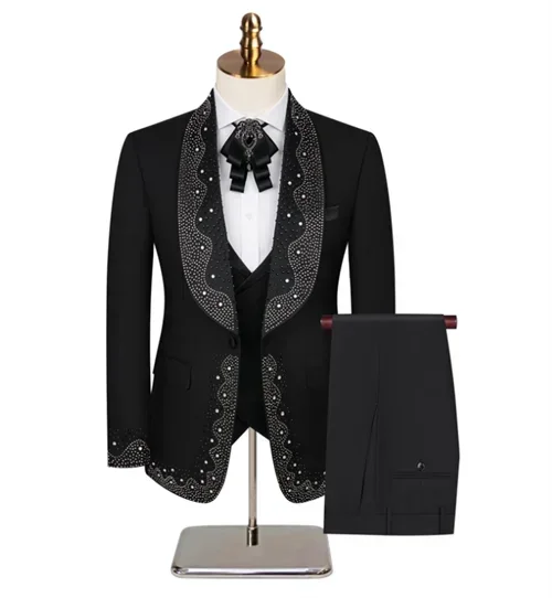 Luxury Wedding Suit for Fashion Men Beaded Slim Fit Groom Tuxedo Gentleman Party Suit 3 Pieces (Jacket+Pants+Vest)